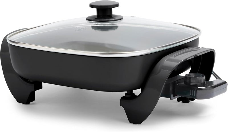 GreenLife مقلاة كهربائية مربعة 12" سعة 5QT، غطاء زجاجي مع فتحة تهوية، داخلية غير لاصقة خالية من PFAS، تحكم في درجة الحرارة قابل للتعديل، مقابض باردة اللمس، تسخين سريع ومتساوي، مقاومة للخدش، سوداء - Image 1
